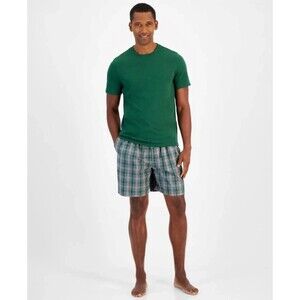 CLUB ROOM Pajama Set Mens Medium Green Pullover Crew T-Shirt Plaid Cotton Shorts